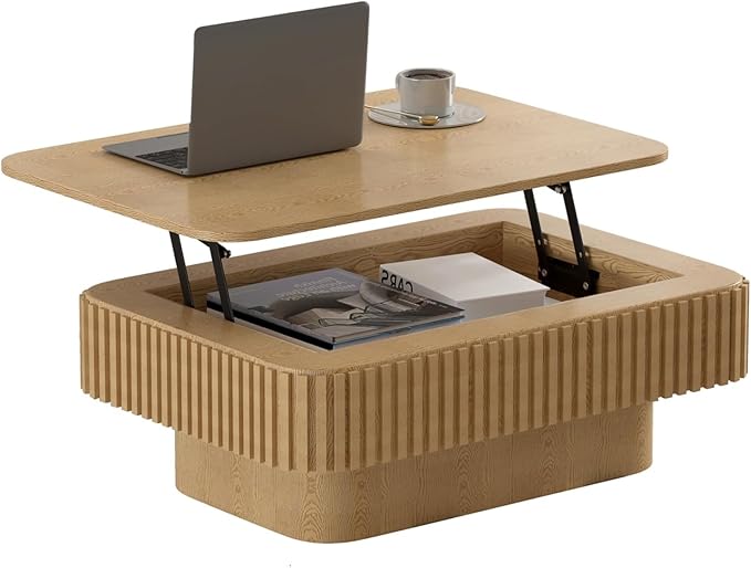 SZTHHDF Lift Top Coffee Table for Living Room,Rectangle Handmade Solid Wood Strips, Fluted Coffee Table with Hidden Storage Compartment Small Space Office Apartment (38.6" L×26.8''W×13.8''H-Natural)