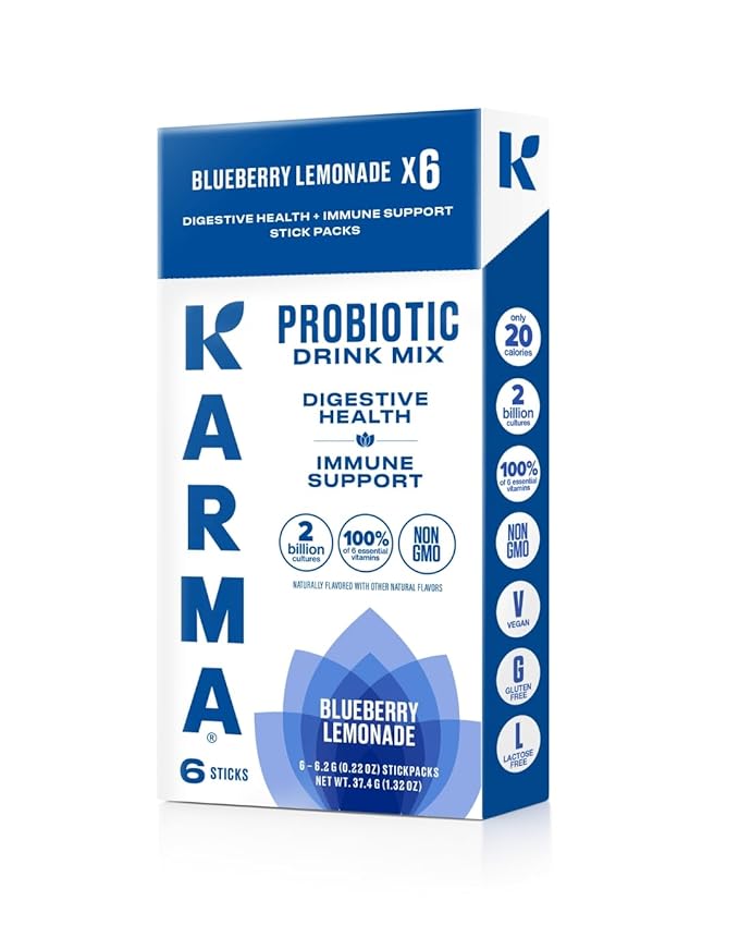 Karma Probiotic Hydration Packet - 6 Pack, Blueberry Lemonade Powder Drink Mix Stick - On-The-Go Immune & Gut Health Support