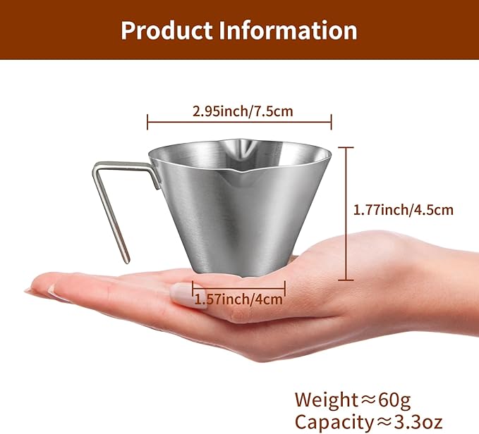 carrottimes 2 Pcs Espresso Cups with Handle, Double Spout Metal Measuring Cup with Dual Scale, Stainless Steel Espresso Shot Cup with V-Shaped Mouth, 3.4oz/100ml(White)