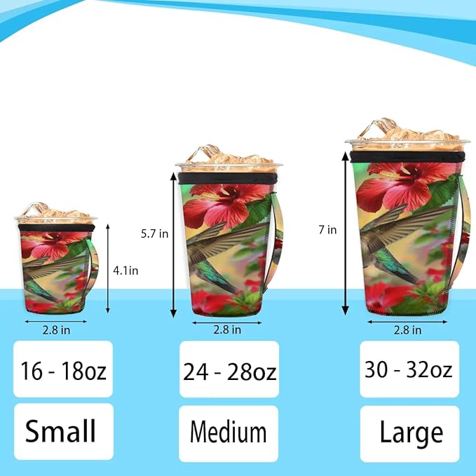 Reusable Iced Coffee Sleeve with Handle, Bird Hummingbird Neoprene Cup Sleeve Spring Flower Insulator Cup Holder for Cold Drinks Beverages 16oz - 18oz
