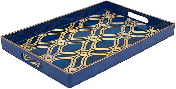 MAONAME Blue Decorative Tray with Handles, Plastic Serving Tray for Coffee Table, Marbling Rectangular Tray for Ottoman, Bathroom, Storage, 15.7" Lx 10.2" W X 1.57" H