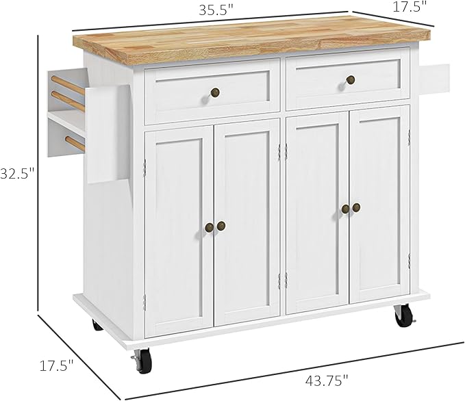 HOMCOM Kitchen Island Cart with Rubber Wood Top, Rolling Kitchen Island Table on Wheels with Drawers, Adjustable Shelves, Spice Rack and Towel Rack for Dining Room, Distressed White