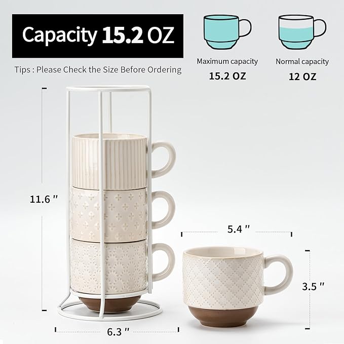 JH JIEMEI HOME Large Ceramic Coffee Mug Set of 4 with Stand, 15 Oz Stackable Different Embossment Ribbed Latte Cup Set for Cappuccino, Tea, Hot Cocoa, Drinks - Dishwasher & Microwave Safe, Off White