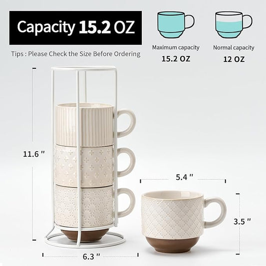 JH JIEMEI HOME Large Ceramic Coffee Mug Set of 4 with Stand, 15 Oz Stackable Different Embossment Ribbed Latte Cup Set for Cappuccino, Tea, Hot Cocoa, Drinks - Dishwasher & Microwave Safe, Off White