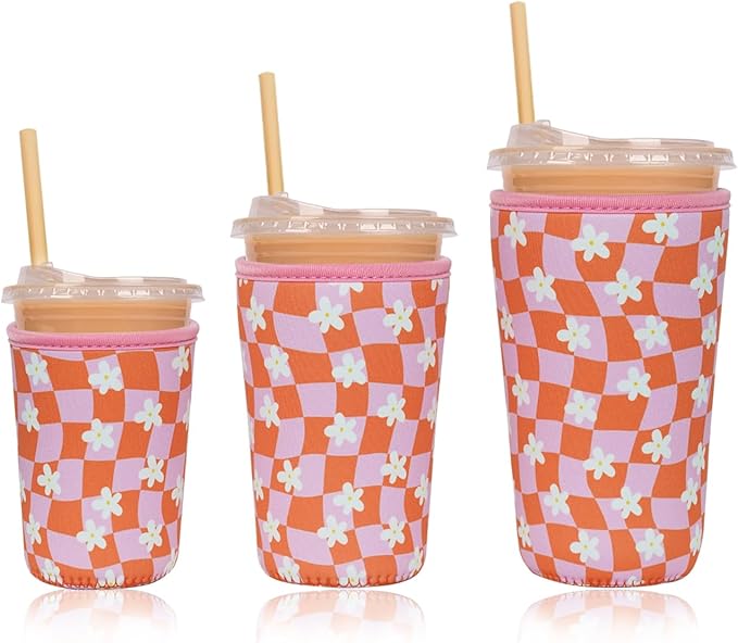Reusable Insulated Neoprene Iced Coffee Cup Sleeve, Durable Drink Sleeve for Cold Beverages, Beverage Holder for Iced Coffee, Daisy Grid