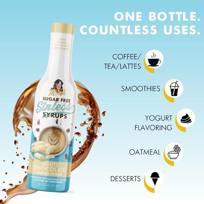 Sugar Free White Chocolate Sinless Syrup - Stevia Based, No Sugar Alcohols or Sucralose, No Artificial Sweeteners, Natural Ingredients, Coffee Tea Cocoa Dessert, Keto Friendly, 1 Pack