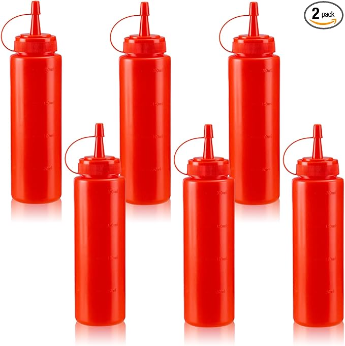 Squeeze Bottles for Sauces,Leak-Proof Condiment Dispenser, BPA-Free Kitchen Restaurant Squeeze Bottle Set with Wide Mouth for Ketchup, Mustard,Syrup,Dressings (Red, 6Pack-8oz(200ml))