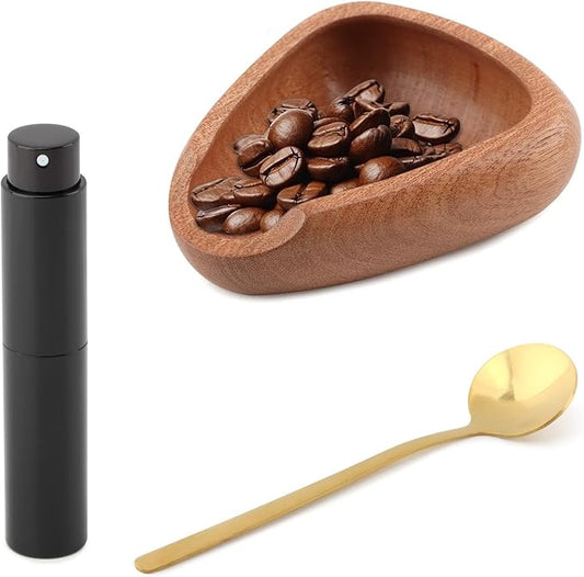 Coffee Bean Dosing Cup,Wood/Ceramic Coffee Dosing Tray Coffees Bean Weighing Tray Weigh Coffees Beans Container,with Spray Bottle Measuring Spoon For Coffe e Or Tea