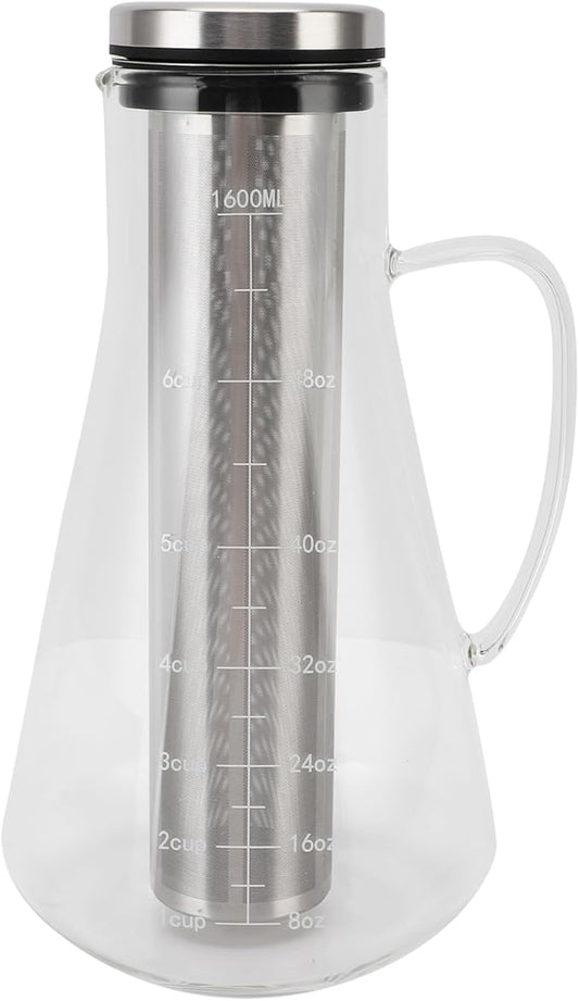 1600ML Mason Jar Pitcher with Stainless Steel Filter, Cold Brew Coffee Maker, Pour Spout Handle Lid, Airtight Leak Proof, Designed for Durability, Smoother and Rich Coffee Flavor