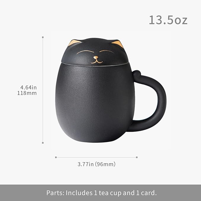 HEER Black Cat Tea Cup with Infuser and Lid, Cute Tea Mug with Strainer for Steeping Loose Leaf, Ceramic Teacup Birthday Christmas Cat Lover Gifts for Women, Men, Mom, Sisters, besties. (Black)