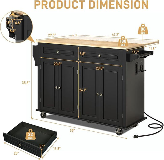 55" Movable Kitchen Island with Drop Leaf and Power Outlet, Rolling Cart with Storage Cabinet, Island Table on Wheels for Kitchen with 2 Drawers, Spice Rack, Towel Bar, Garage Hook, Black