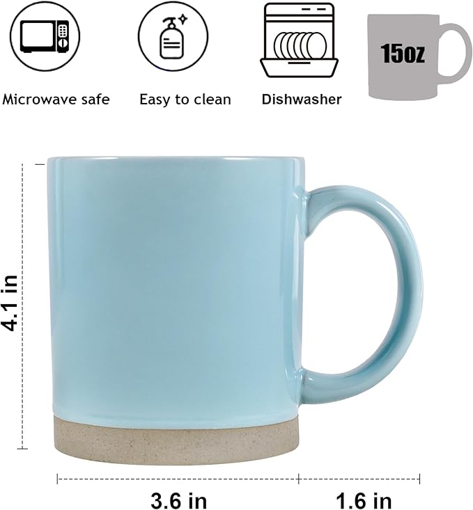 15 OZ Coffee Mugs, Ceramic Coffee Mug Set for 4, Coffee Cups with Big Handle Authentic Clay Bottom Beautiful Glaze, for Latte, Cappuccino, Cocoa, Hot Tea, Mocha, Modern Home Drinkware Set, Turquoise