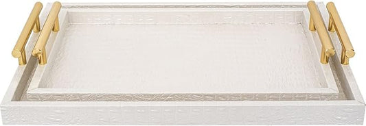 Set of 2 Modern Elegant Large Wood Serving Tray, Rectangle Decorative Tray Ottoman Tay Coffee Table Tray, Pearl White Crocodile Leather with Gold Polished Metal Handles