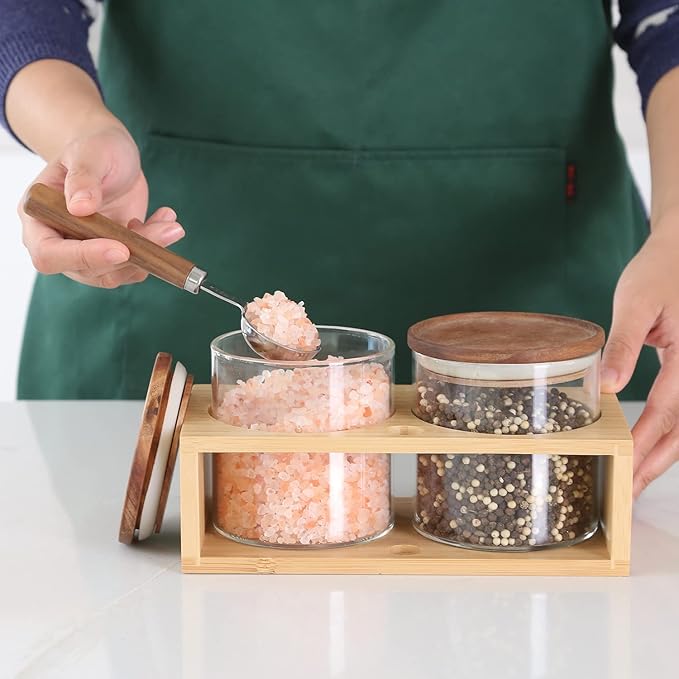 KKC HOME ACCENTS Airtight Borosilicate Glass Food Storage Jars with Wood Lids and Scoop for Coffee,Tea,Sugar,Salt,Wooden Top Glass Sealed Jars,18 Fluid Ounces
