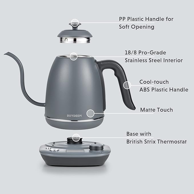 BUYDEEM K821 Electric Gooseneck Kettle with Variable Temperature Control, Pour Over Coffee Tea Kettle, Durable 18/8 Stainless Steel, Auto Keep Warm & Built in Brewing Timer, 0.8L