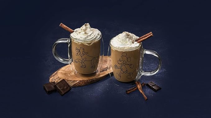 JoyJolt Aroma Disney Mickey and Pluto 13.5oz Glass Coffee Cups Set - 2 Insulated Double Wall Mugs, Large Espresso Cups - Unique Disney Cups