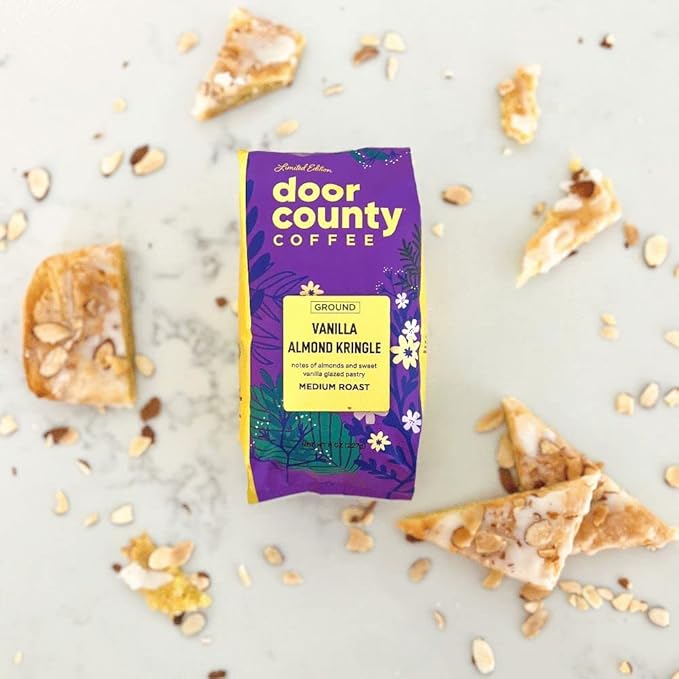 Door County Coffee Vanilla Almond Kringle Flavored Coffee Ground - 8 oz Bag - Spring & Summer Seasonal - Medium Roast - 100% Specialty Arabica - Almonds & Vanilla Glaze