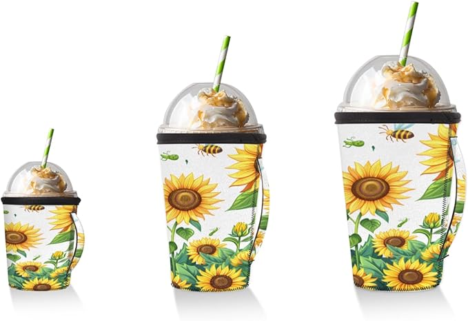 Sunflower With Bee Reusable Insulator Coffee Sleeves for Drinks Beverages, Neoprene Holder with Handle for Most Coffee or Ice Drink, 24-28oz