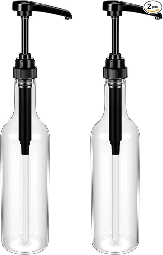 Maxdot 2 Pcs 25 oz Syrup Bottles with Pump Long Neck Bottles Plastic Syrup Pump Dispenser for Coffee Bar Accessories Home Party (Black)