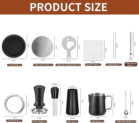 27 PCS Espresso Accessories Kit,Barista Kit 51mmCoffee Tamper Set- with Tamper,Frothing Pitcher，WDT Tool,Espresso Puck Screen and Dosing Funnel,Latte Art Kit