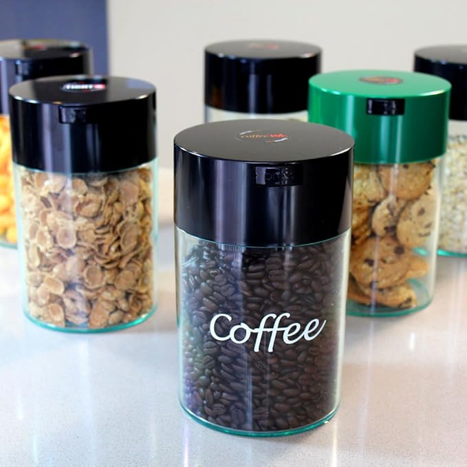 Coffeevac 1LB – Patented Airtight Container | Multi-use Vacuum container works as smell proof containers for ground coffee and coffee bean containers. Black cap and green body.