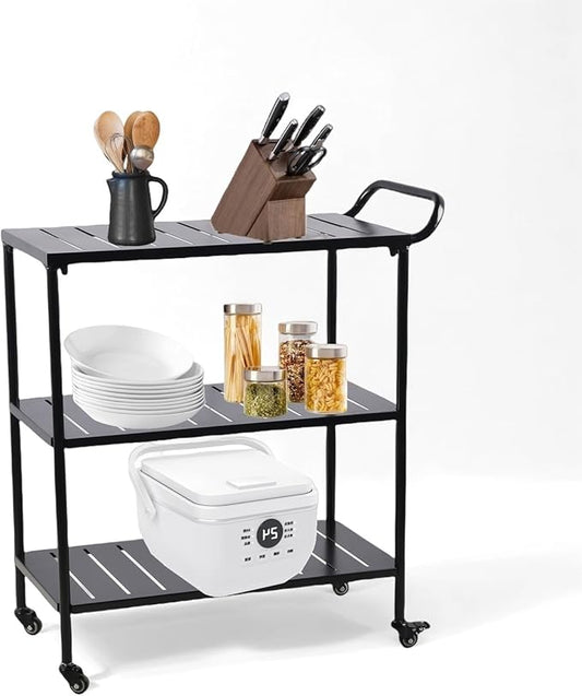 Modern Kitchen Bar Cart on Wheels Metal Rolling Serving Carts with 3 Tier for Storage Mobile Kitchen Island with Lockable Casters and Side Handle for Outdoor& Indoor -33.5 * 15.7 * 37.2inch(L*W*H)