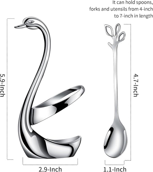 AnSaw Silver Swan Holder with 10 Espresso Spoons Set | 4.7" Stainless Steel Demitasse Coffee Spoons