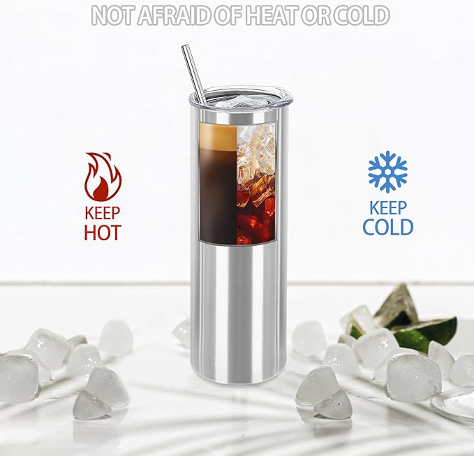 YOUKE OLA 16 Pack Stainless Steel Skinny Tumblers Blank Bulk Straight Double Wall Insulated Tumbler with Lid and Straw for, DIY Gift, 20oz Silver
