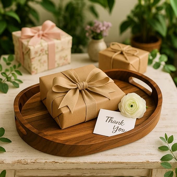 Acacia Wood Serving Tray with Handles, Premium Coffee Table Decor, 16.5”x12.5”, Oval Design, Breakfast in Bed, Decorative Ottoman Tray for Living Room, Serving Platter, Coffee Table, Candle Display