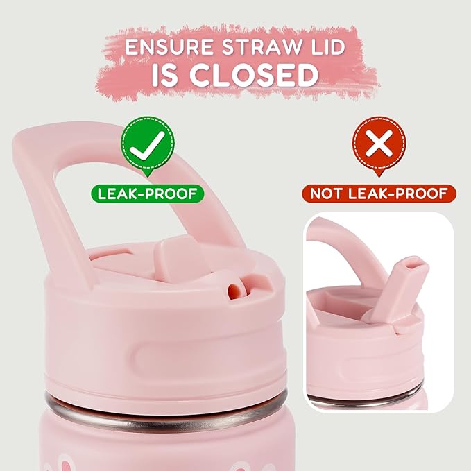 12oz Water Bottle for School, Bottles with Straws, Stainless Steel Vacuum Insulated Water Bottle, Leak-Proof, BPA-Free, Pink Rabbit