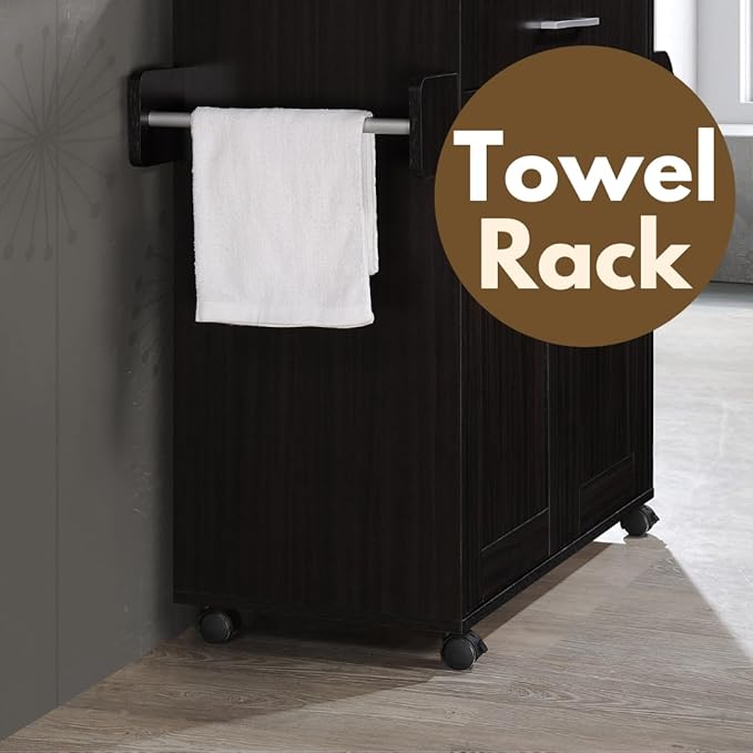 Hodedah Rolling Wood Kitchen Island Cart with Spice Rack, Towel Rack, Utensil Drawer plus Cabinet, White with Beech Top