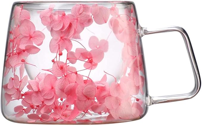 Generic Double Wall Insulated Glass Cup,Dried Flower Mug with Handle,Creative Transparent Coffee Cups,Gift for Women Mom Female (Pink)