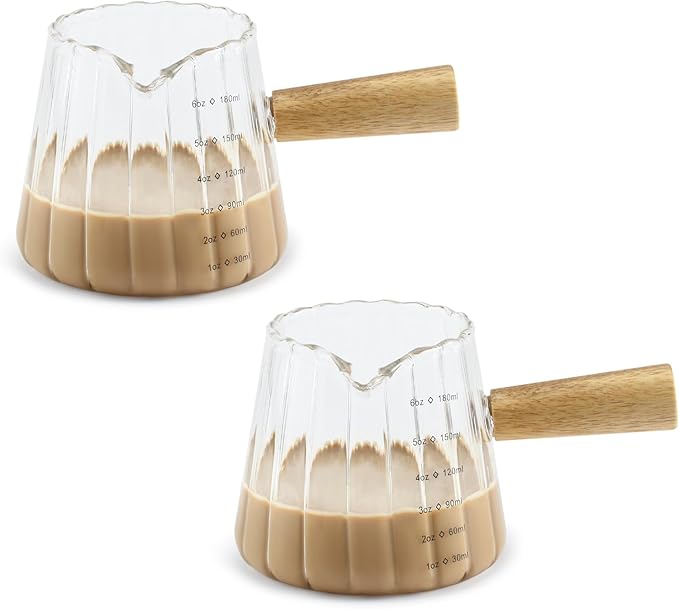 2Pcs Glass Measuring Cup, 6oz Creamer Pitcher with Wood Handle, Creative Milk Frothing Pitcher Creamer Shot Glass (2-Transparent)