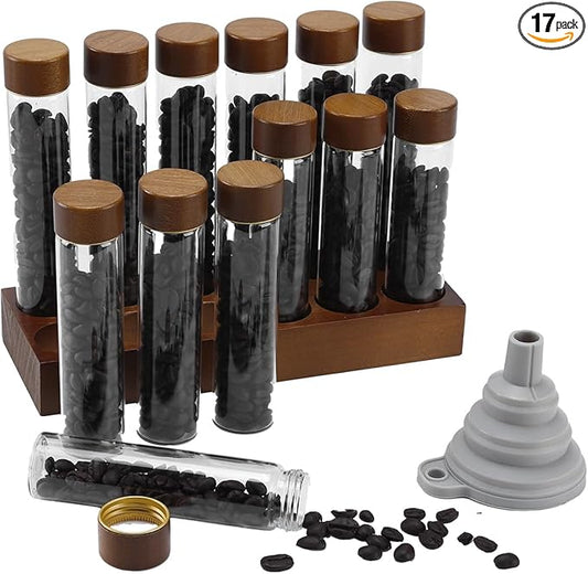 Single Dose Coffee Bean Storage Tubes, 12 Pcs Coffee Container Set 60ml &80ml Glass Small Coffee Bean Jar with Wooden Lids, Walnut Stand, Foldable Silicone Funnel & Labels