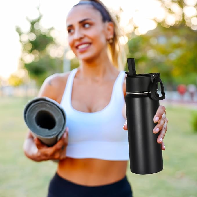 Volhoply 16 OZ Kids Water Bottle Bulk 2 Pack,Insulated Sports Bottles with Straw Lid,Stainless Steel Bottle with Handle Keep Cold & Hot,Double Wall Vacuum Tumbler Cups for School,Girls(Black, 2)