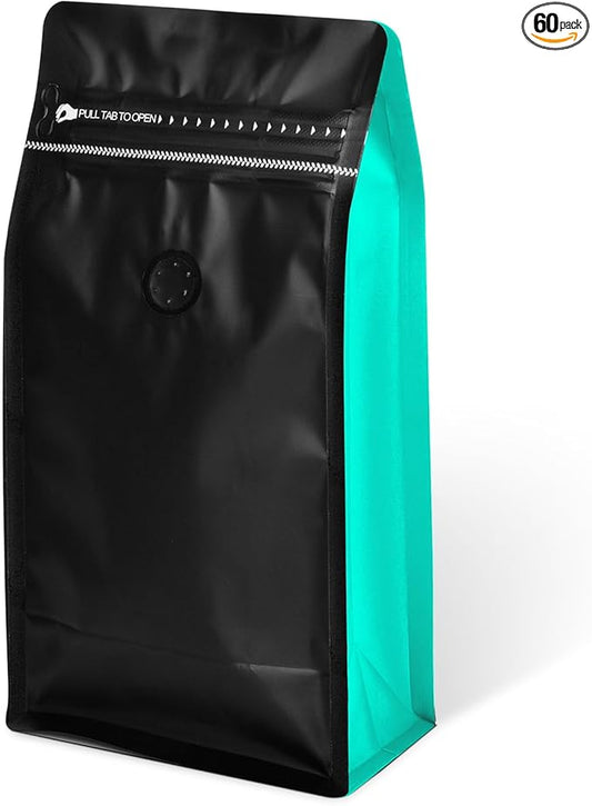Coffee Bags with Valve(60pcs,16oz,1lb) Vented Coffee Beans Packaging Bags High Barrier Aluminumed Foil Flat Bottom Heat Sealed Side Zipper Resealable Storage Bag for Home or Business（Black+Blue）
