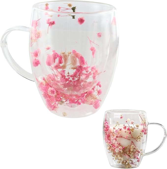 Dried Flower Double Wall Glass Coffee Mugs, 350ML Clear Flower Coffee Mug Cup with Handle Insulated Heat Resistant Glass Cup for Tea Latte Cafe Milk Hot Cold Beverages