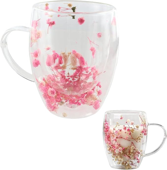 Dried Flower Double Wall Glass Coffee Mugs, 350ML Clear Flower Coffee Mug Cup with Handle Insulated Heat Resistant Glass Cup for Tea Latte Cafe Milk Hot Cold Beverages