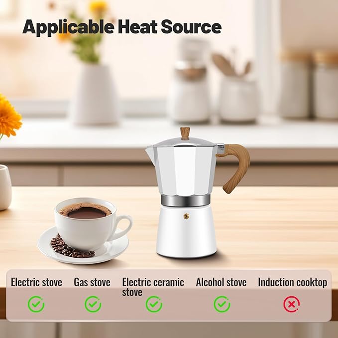 Vaolvpant 3 Cup Aluminum Moka Pot Classic Stovetop Espresso Coffee Maker 150ml 5oz Coffeemaker Percolator Mocha Express Preferred Cafe Makers for Italian and Cuban Café Brewing White