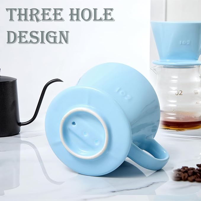 Pour Over Coffee Dripper, Ceramic Pour Over Coffee Maker with 3 Holes Flat Bottom, Easy Manual Brew Maker, Porcelain Slow Filter Cone for Travel, Camping, Office, Home, Blue