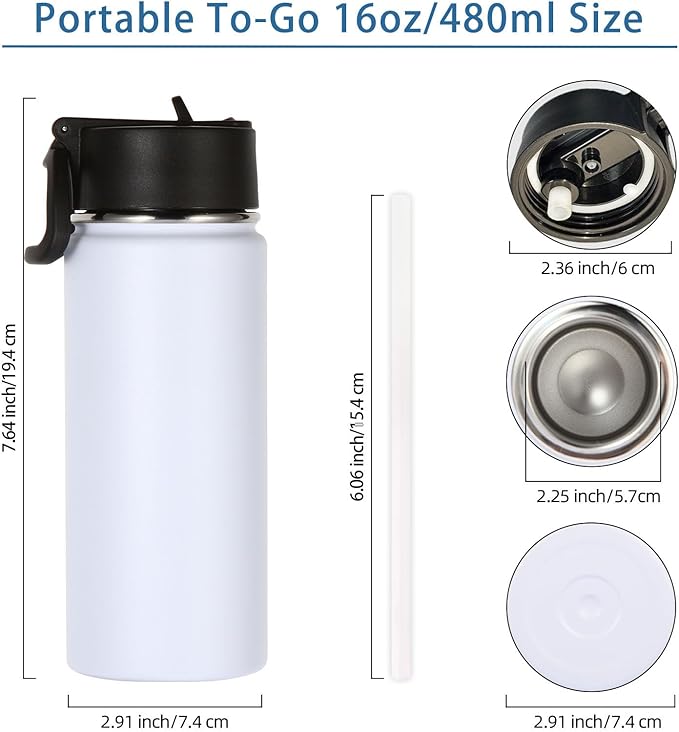 Volhoply 16 OZ Kids Water Bottle Bulk 8 Pack,Insulated Sports Bottles with Straw Lid,Stainless Steel Bottle with Handle Keep Cold & Hot,Double Wall Vacuum Tumbler Cups for School(White, 8)