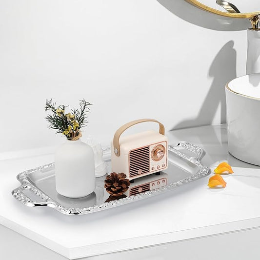 STOBAZA Silver Serving Tray, Metal Coffee Table Ottoman Tray with Handles, Rectangle Butler Plate for Breakfast in Bed, Table Decor - 15.3X9X0.67inch