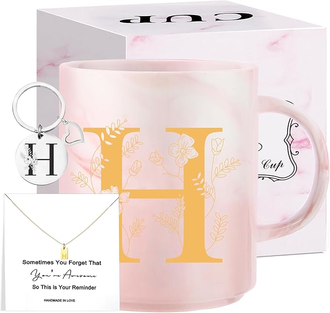 Monogrammed Christmas Gifts for Women, 11 oz Initial Ceramic Coffee Tea Mug with Necklace, Unique Birthday Gift for Her Wife Teacher Friend Mom, H
