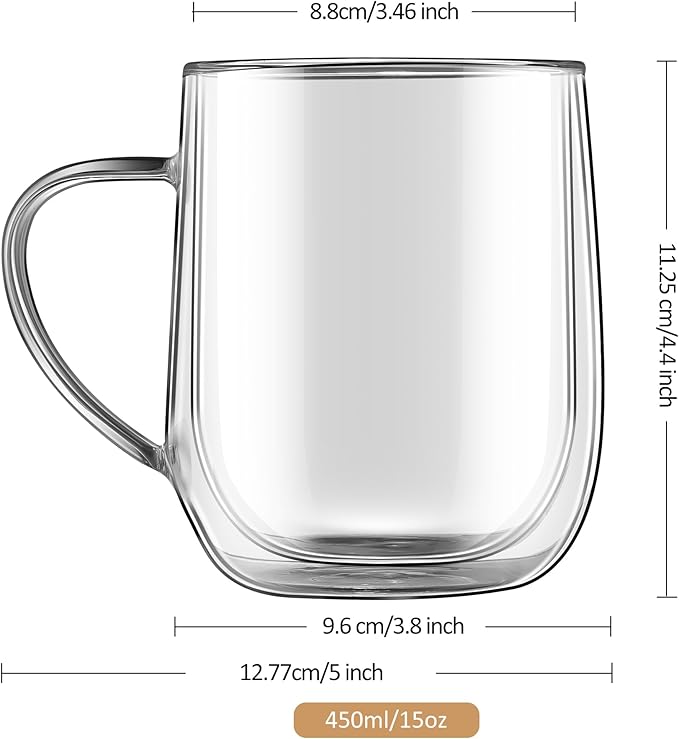 Joeyan Large Clear Double Walled Glass Coffee Mugs 15 oz, Double Layer Tea Latte Cappuccino Cups with Handle, Double Lined Insulated High Borosilicate Glassware for Milk and Hot Beverages, Set of 2