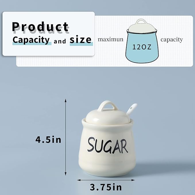 HAOTOP Porcelain Sugar Bowl with Lid and Spoon 12oz (Beige)