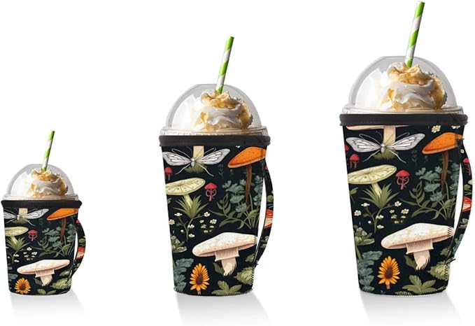 Reusable Iced Coffee Sleeve with Handle, Tropical Mushrooms Neoprene Cup Sleeve Butterfly Leaves Insulator Cup Holder for Cold Drinks Beverages 24oz - 28oz
