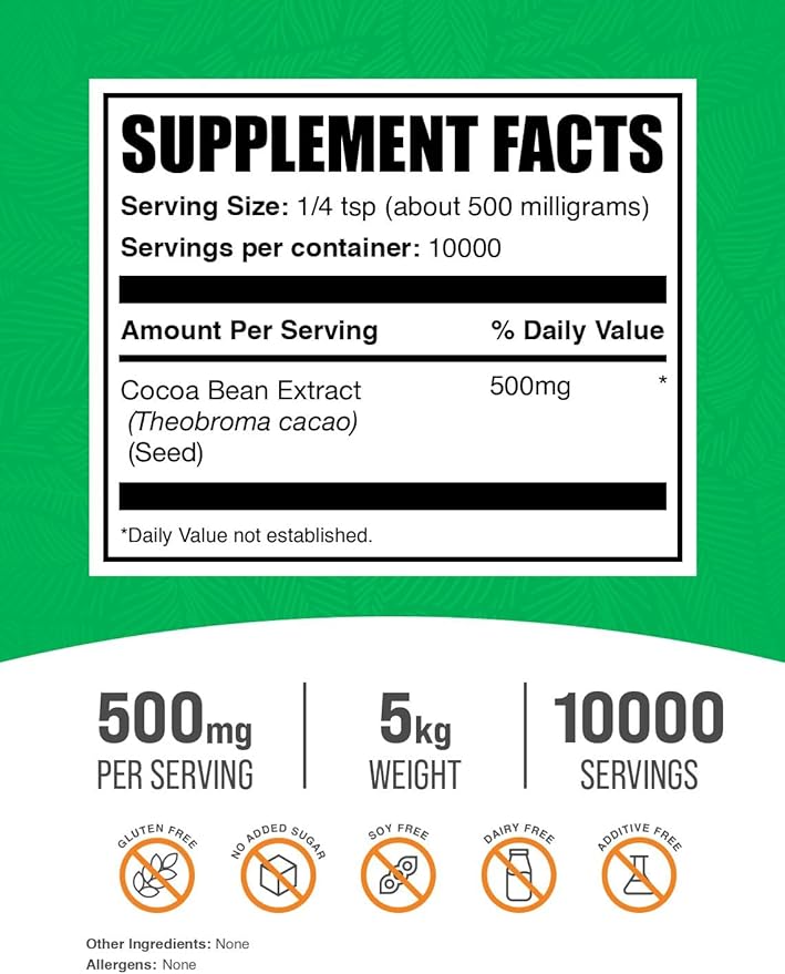 BulkSupplements.com Cocoa Bean Extract Powder - Cocoa Supplement - Unsweetened, Vegan & Gluten Free, 500mg per Serving, 1kg (2.2) (Pack of 5)