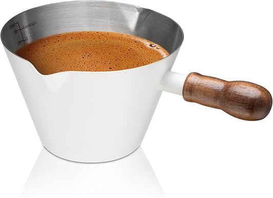 Espresso Cup, 6.8 oz/200 ml Stainless Steel Coffee Shot Measuring Cup with Wood Handle, Double V-Shaped Mouth and Clear Scale for Cappuccino Barista Coffee Bar Accessories, White