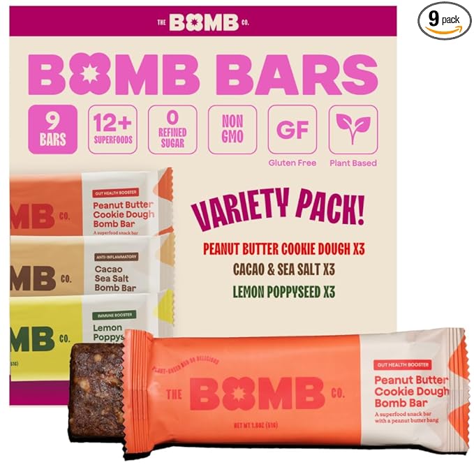 The Bomb Co. Bomb Bars Variety Pack, Healthy Snacks, Plant Based Bars With Superfood & Super Seeds, On the Go Snack & Breakfast Bar, Energy Support, Gluten Free, Non GMO, Dairy Free