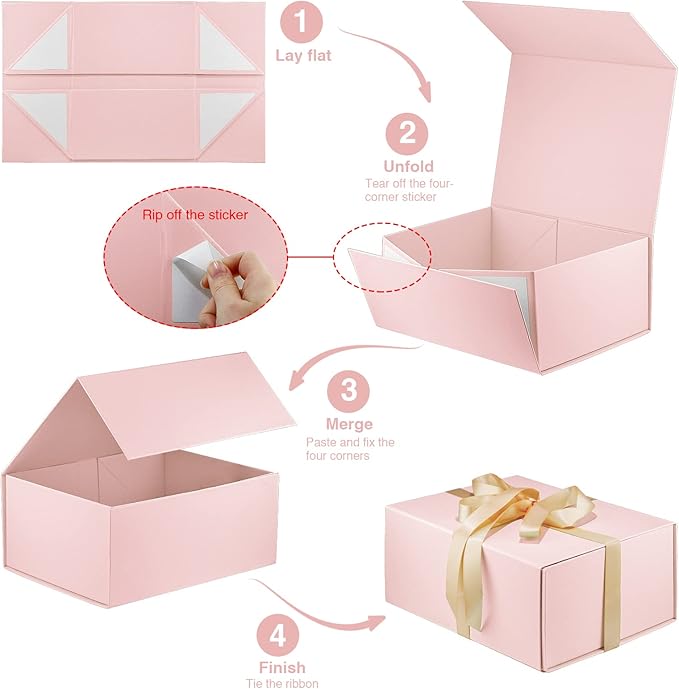 MOYEUPAC Pink Gift Box,9" X 7" X 4" with Ribbon for Presents Magnetic Closure Gift Packaging for Birthday,Valentine's Day,Mother's Day